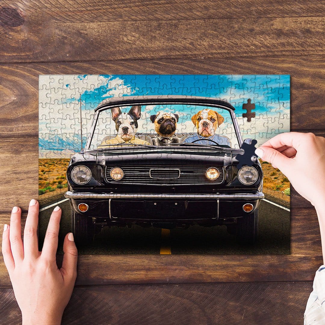 Personalized 3-pet puzzle featuring dogs in a classic black car, with hands assembling pieces.
