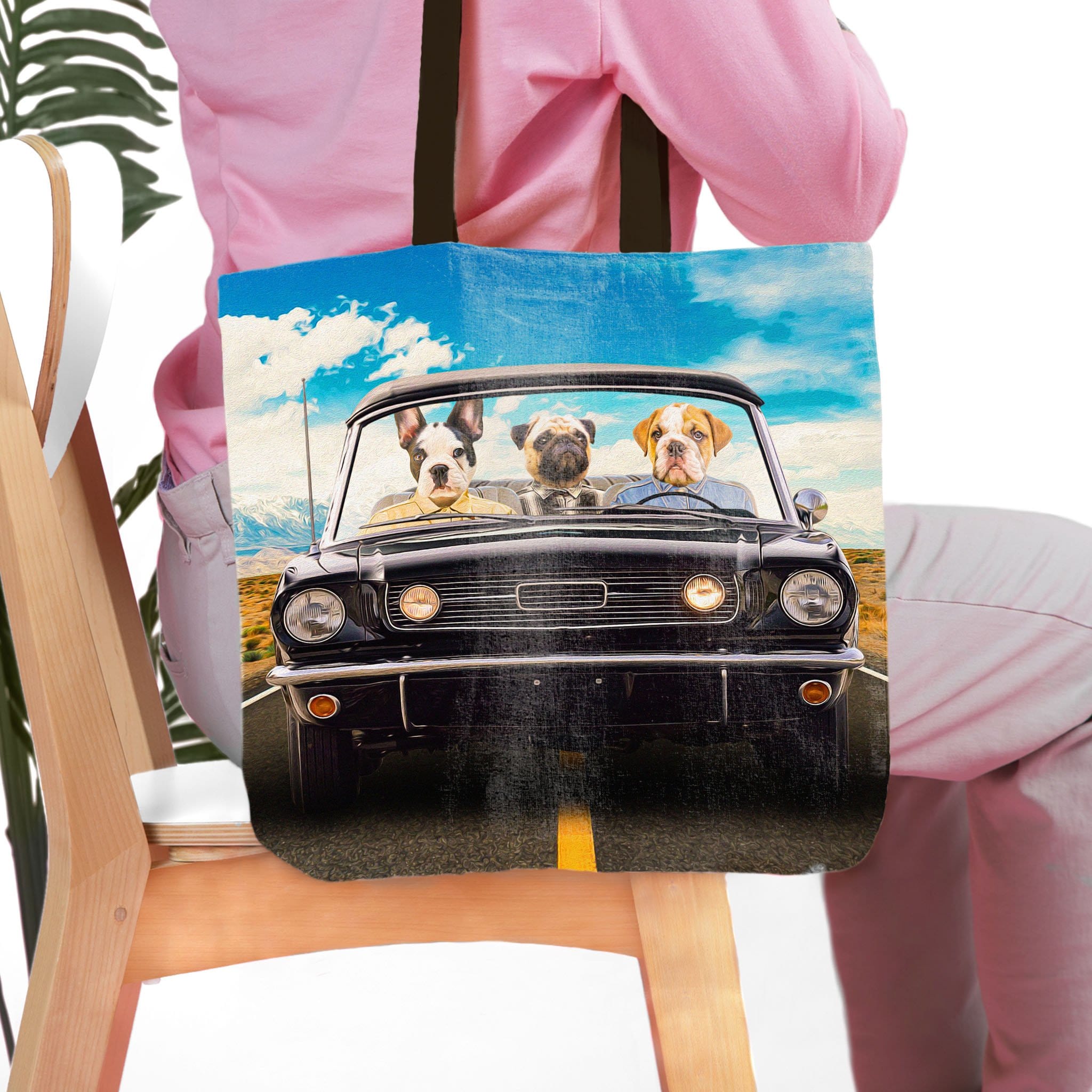 Personalized 3 pet tote bag with custom dog portraits in a classic car, "Woofstang" style.