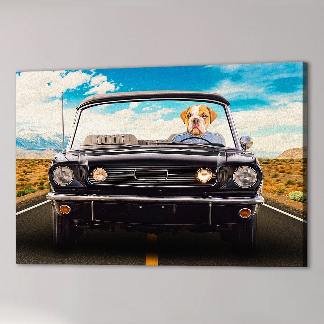 Custom pet canvas: a bulldog in a black convertible Mustang on a desert road.