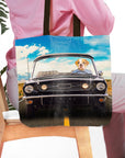 Personalized tote bag with a custom pet portrait of a bulldog driving a classic black convertible car.