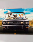 Three dogs in a black classic convertible car on a desert road, blue sky, mountains in the background.