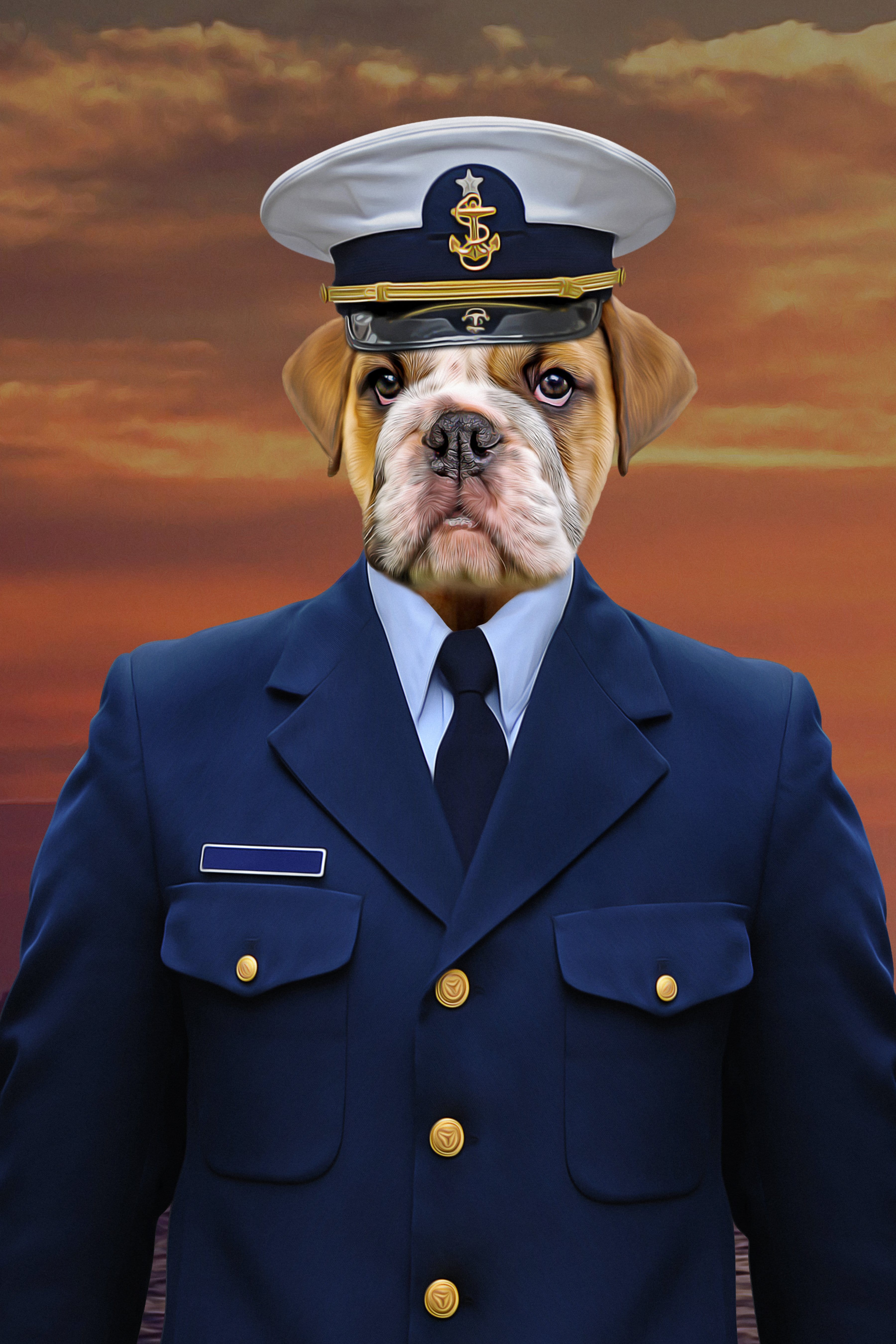 Personalized digital portrait of a bulldog in a blue Coast Guard uniform and white hat.