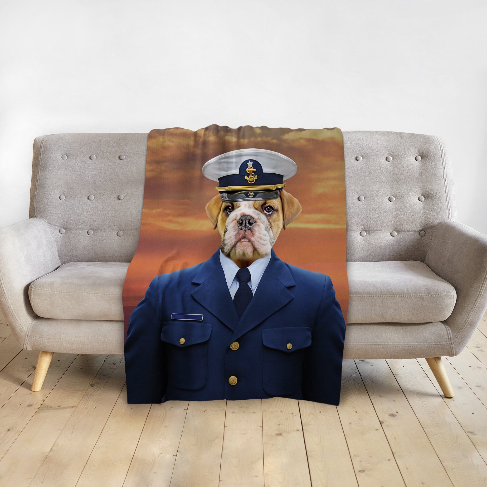 Personalized pet blanket featuring a bulldog in a Coast Guard uniform against a sunset background.