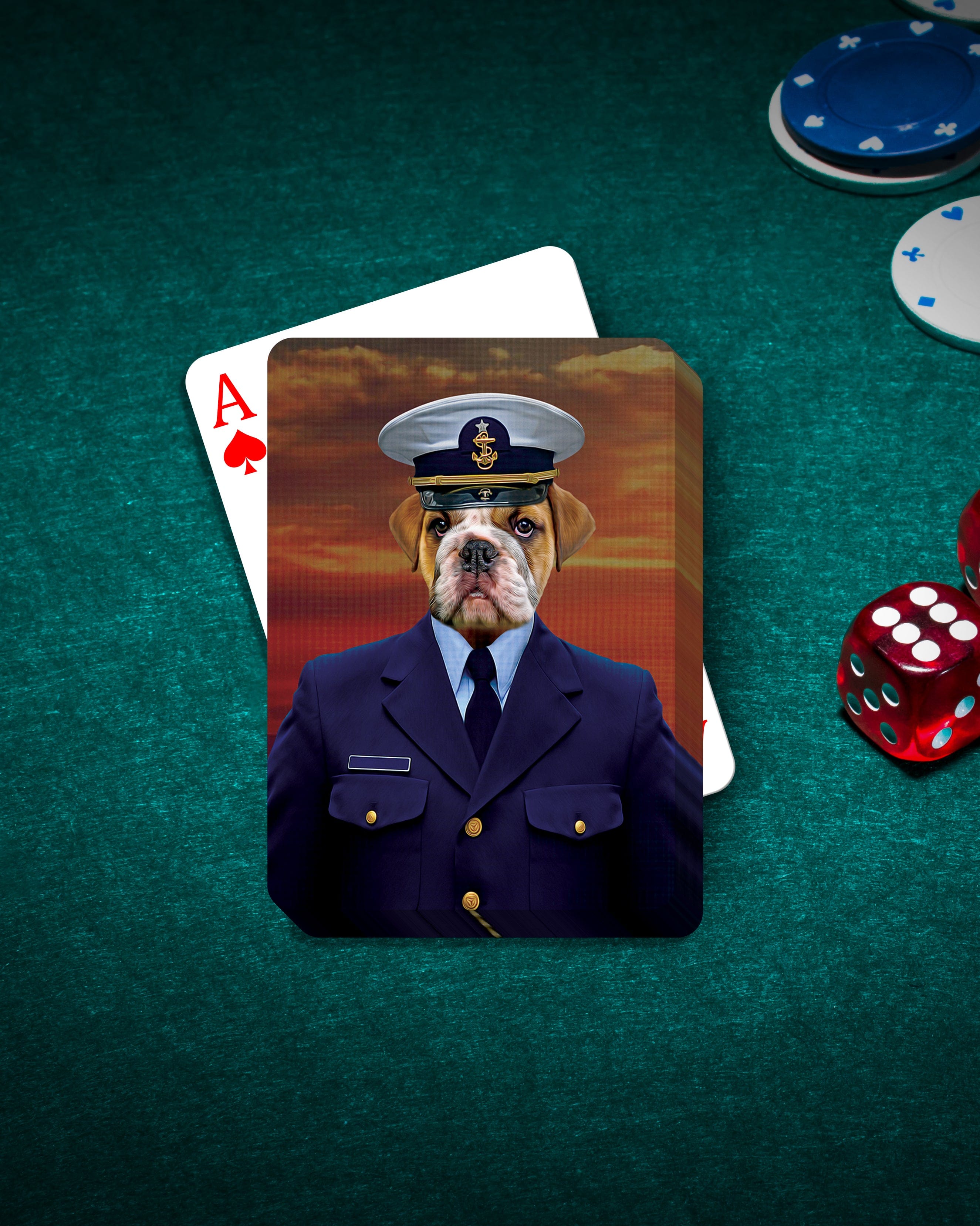 Personalized pet playing cards featuring a bulldog in a Coast Guard uniform portrait on a green felt table.