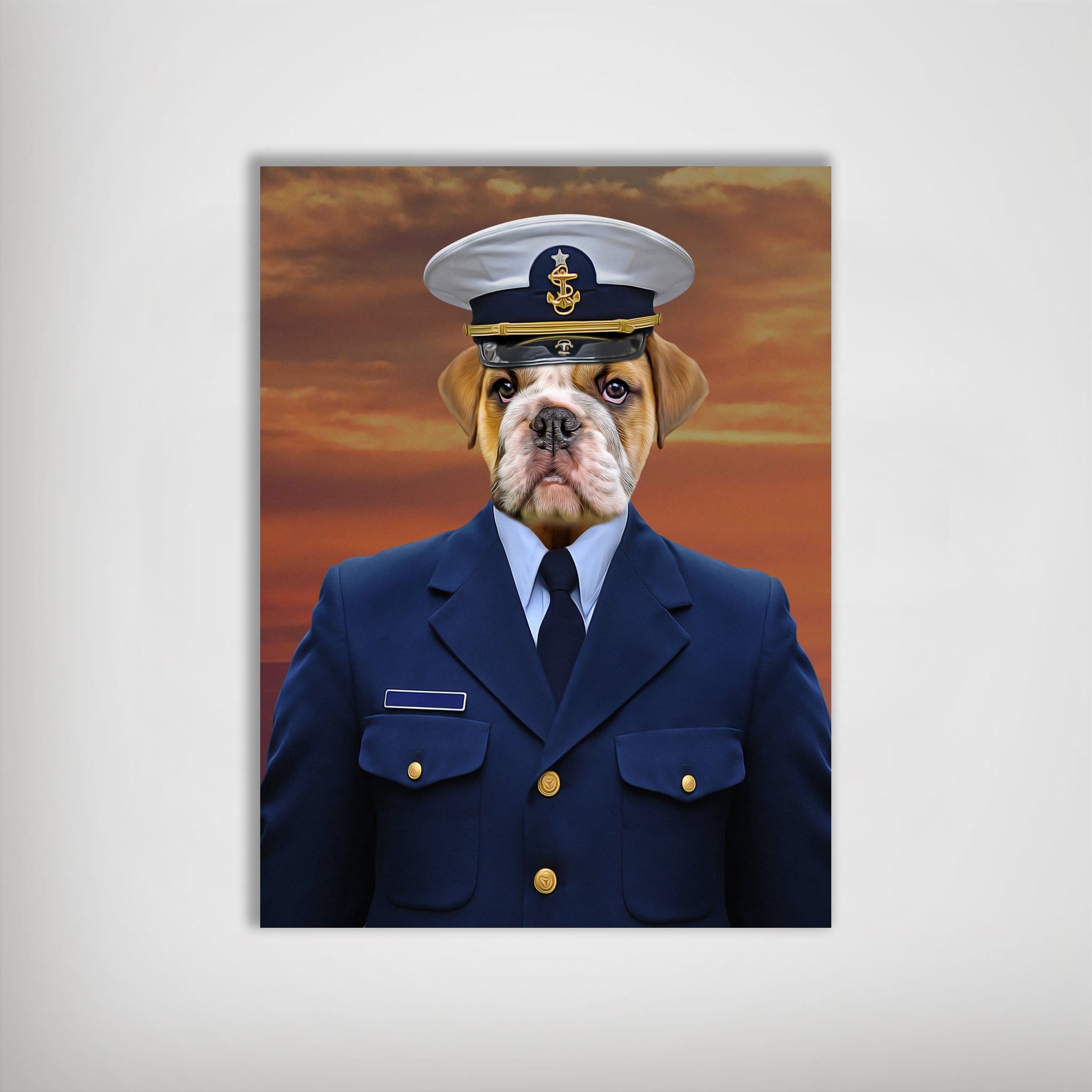 Personalized Coast Guard pet poster featuring a bulldog in a navy uniform and white hat.