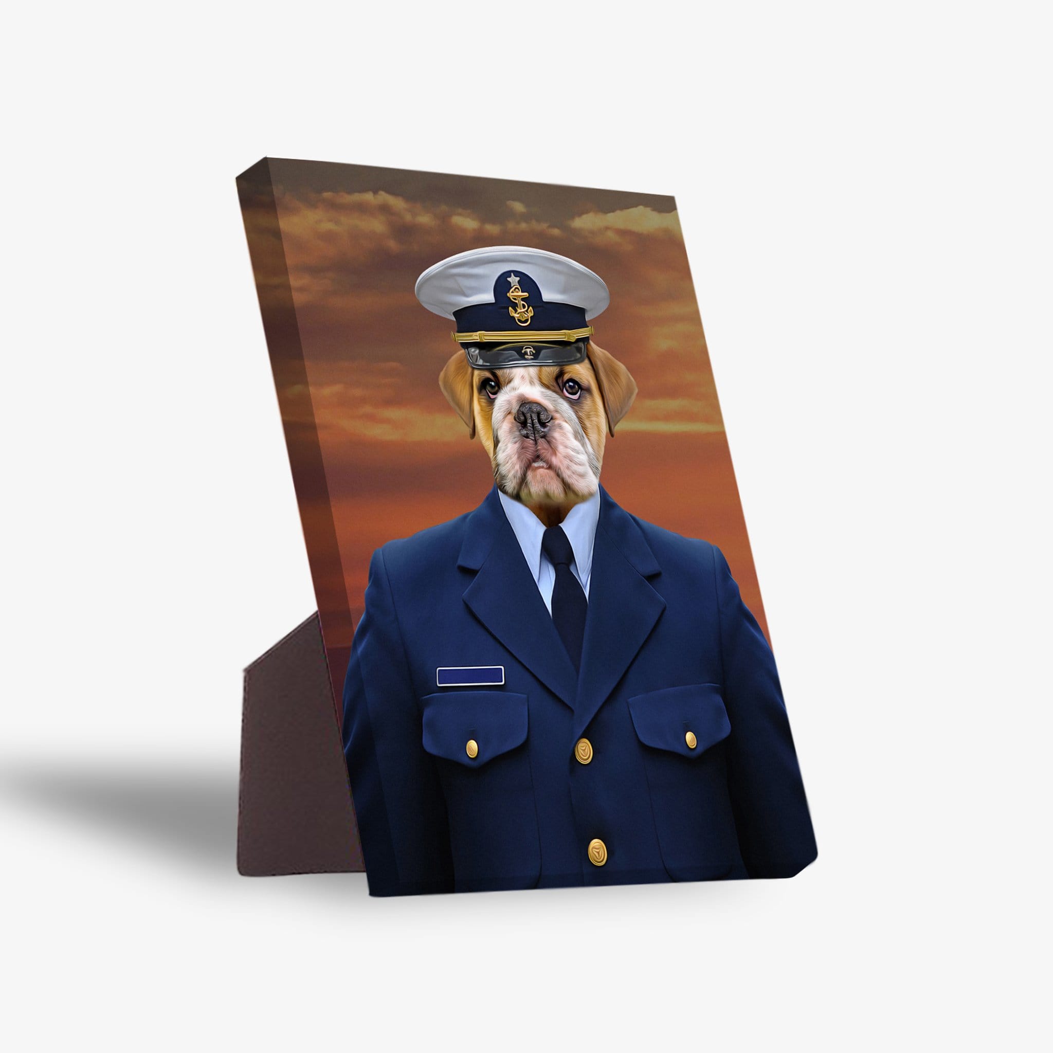 Personalized pet standing canvas featuring a bulldog in a Coast Guard uniform against an orange sunset.