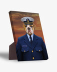 Personalized pet standing canvas featuring a bulldog in a Coast Guard uniform against an orange sunset.