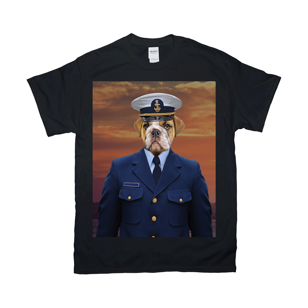 Black Gildan t-shirt with a bulldog in a Coast Guard uniform against an orange sunset.