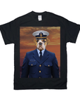 Black Gildan t-shirt with a bulldog in a Coast Guard uniform against an orange sunset.