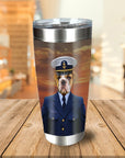 Personalized stainless steel tumbler with a bulldog pet portrait in a Coast Guard uniform against a sunset.