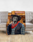 Personalized pet blanket with a black dog in a cowboy hat and bandana, standing in front of a wooden town hall.