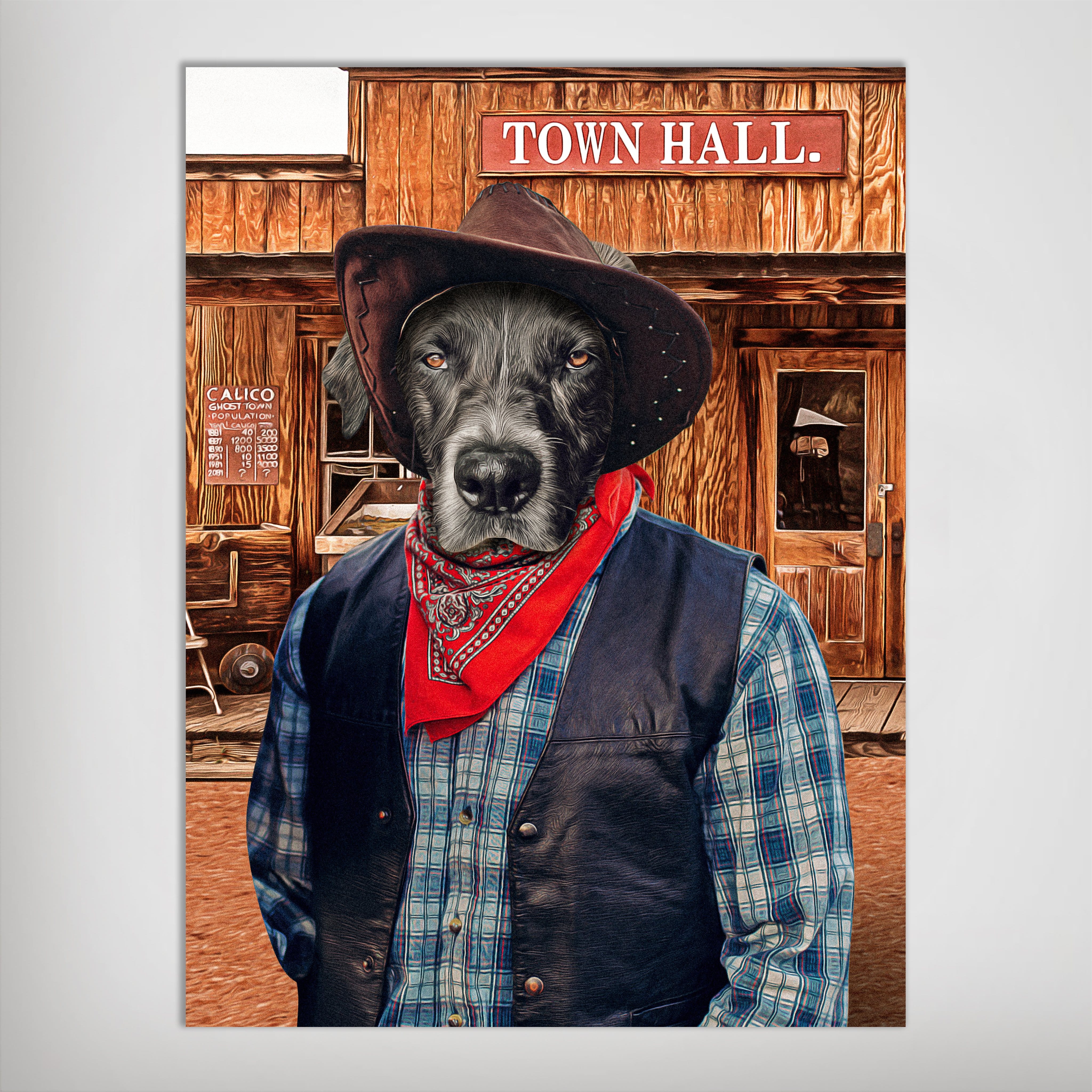 Personalized pet poster featuring a black dog as a cowboy in a brown hat, red bandana, and plaid shirt in front of a wooden town hall.