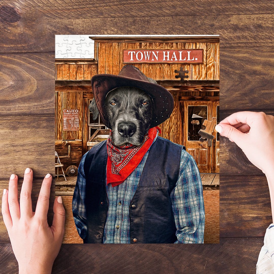 Personalized pet puzzle featuring a black dog in a cowboy hat and vest in front of a Town Hall.