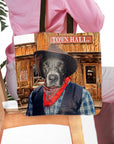 Personalized "Cowboy" tote bag with a custom pet portrait of a black dog in a western hat and bandana.