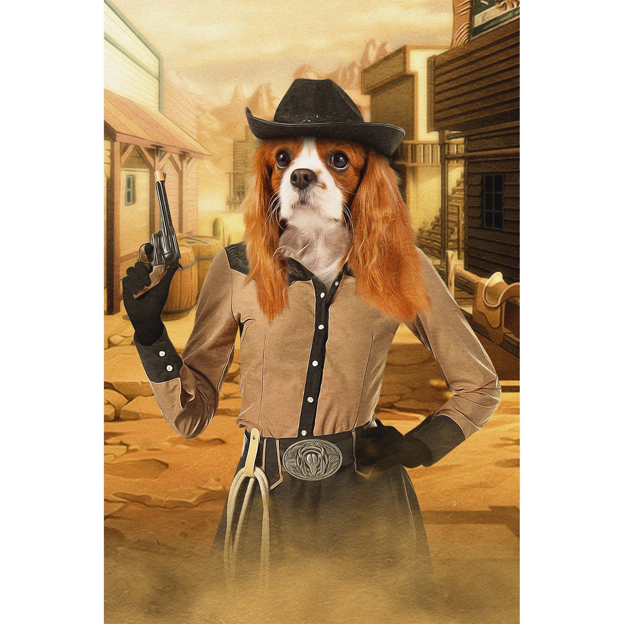 Personalized Cavalier King Charles Spaniel pet portrait as a cowgirl holding a gun.