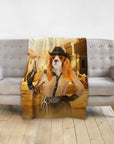 Personalized pet portrait blanket featuring a Cavalier King Charles Spaniel as a cowgirl with a gun.