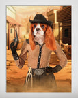 Personalized "The Cowgirl" pet poster featuring a Cavalier King Charles Spaniel in a Western town, wearing a brown shirt, black hat, and holding a revolver.