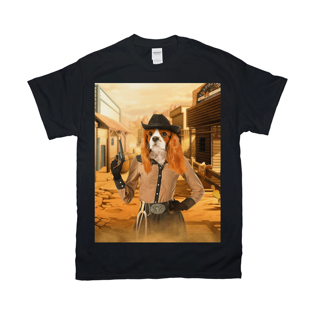 Black Gildan t-shirt featuring a personalized Cavalier King Charles Spaniel in a cowgirl outfit, holding a pistol.
