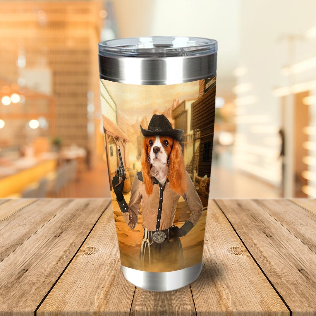 Personalized stainless steel tumbler with a Cavalier King Charles Spaniel in a cowgirl portrait.