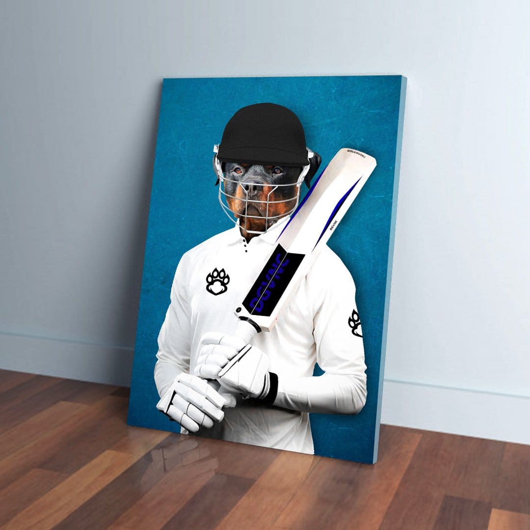 Personalized pet canvas featuring a Rottweiler's head on a cricket player's body, holding a bat against a blue background.
