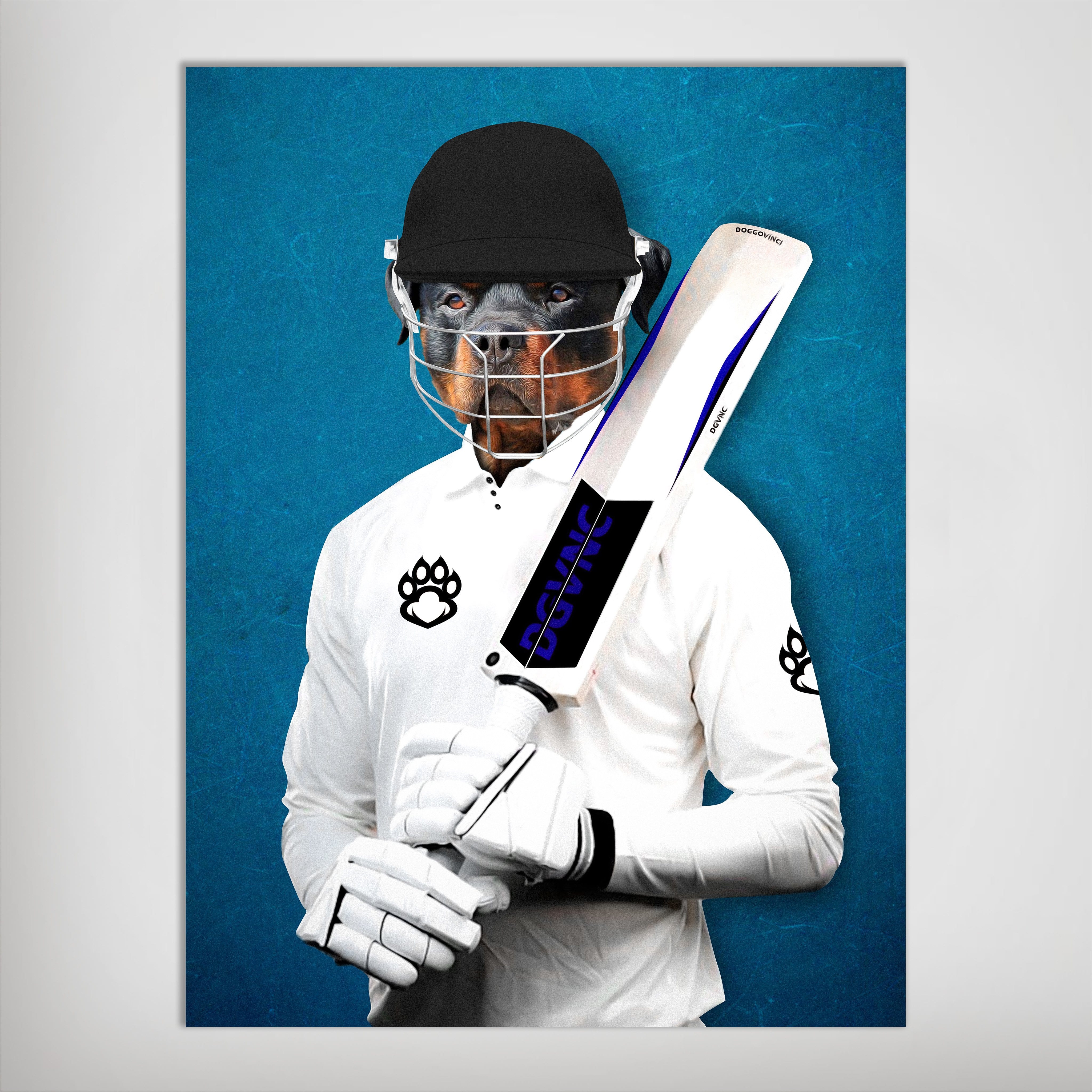 Personalized pet poster featuring a Rottweiler in cricket whites, helmet, and holding a bat against a blue background.