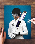 Personalized pet puzzle featuring a Rottweiler dog as a cricket player on a blue background.