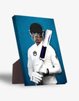 Personalized pet standing canvas featuring a dog's head on a cricket player's body in white uniform, holding a bat, against a blue background.