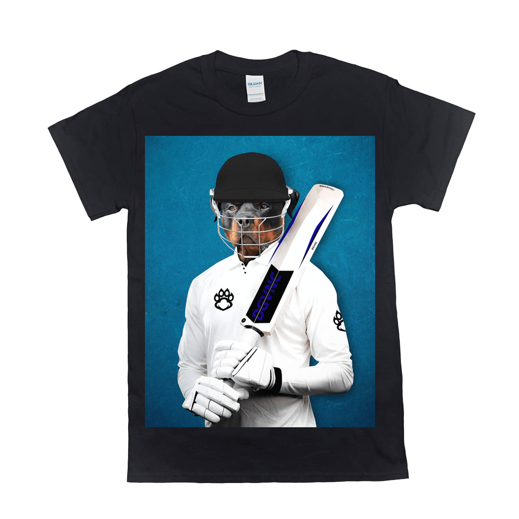 Black Gildan unisex t-shirt with a dog's face on a cricket player's body holding a bat.