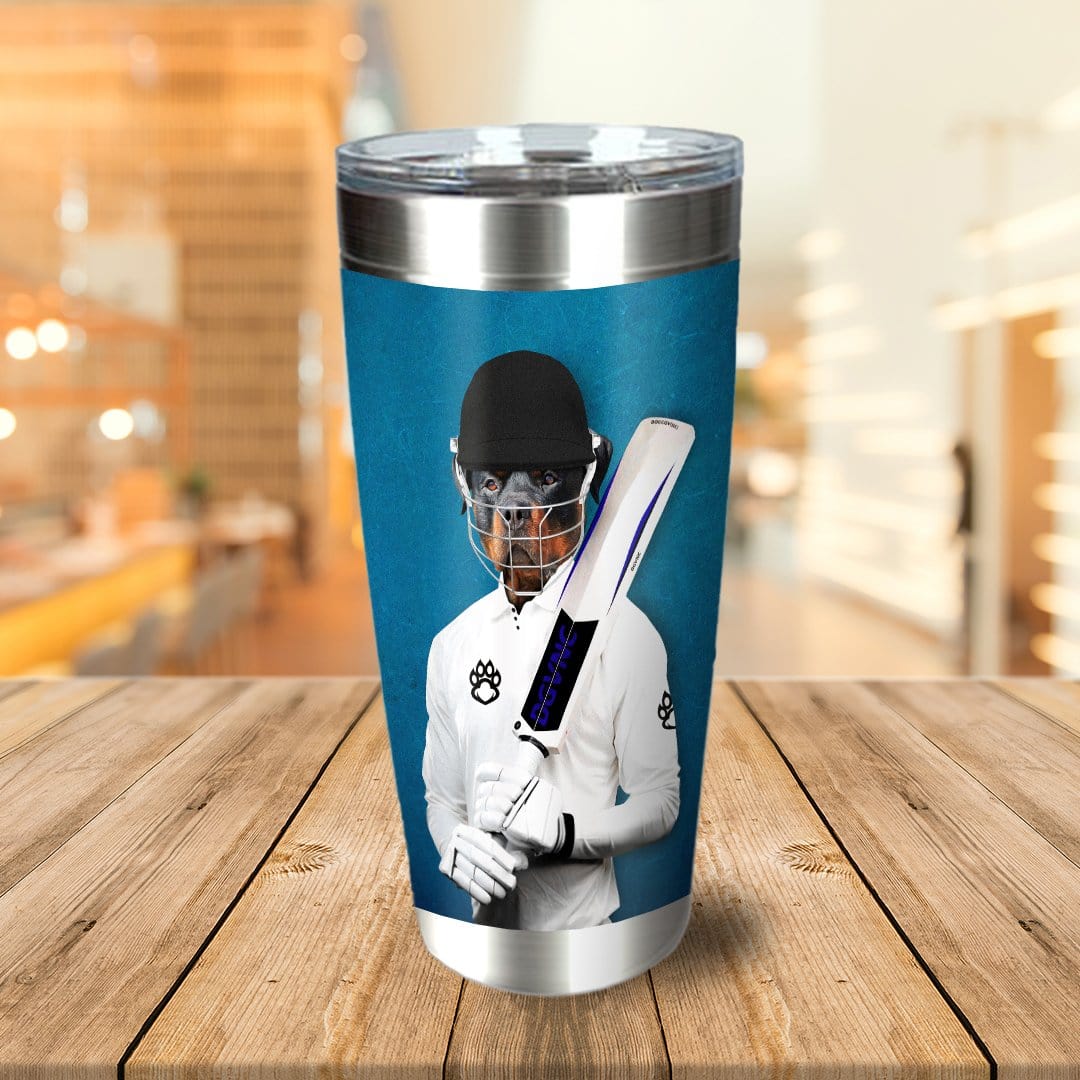 Personalized stainless steel tumbler with a custom pet portrait of a dog dressed as a cricket player.