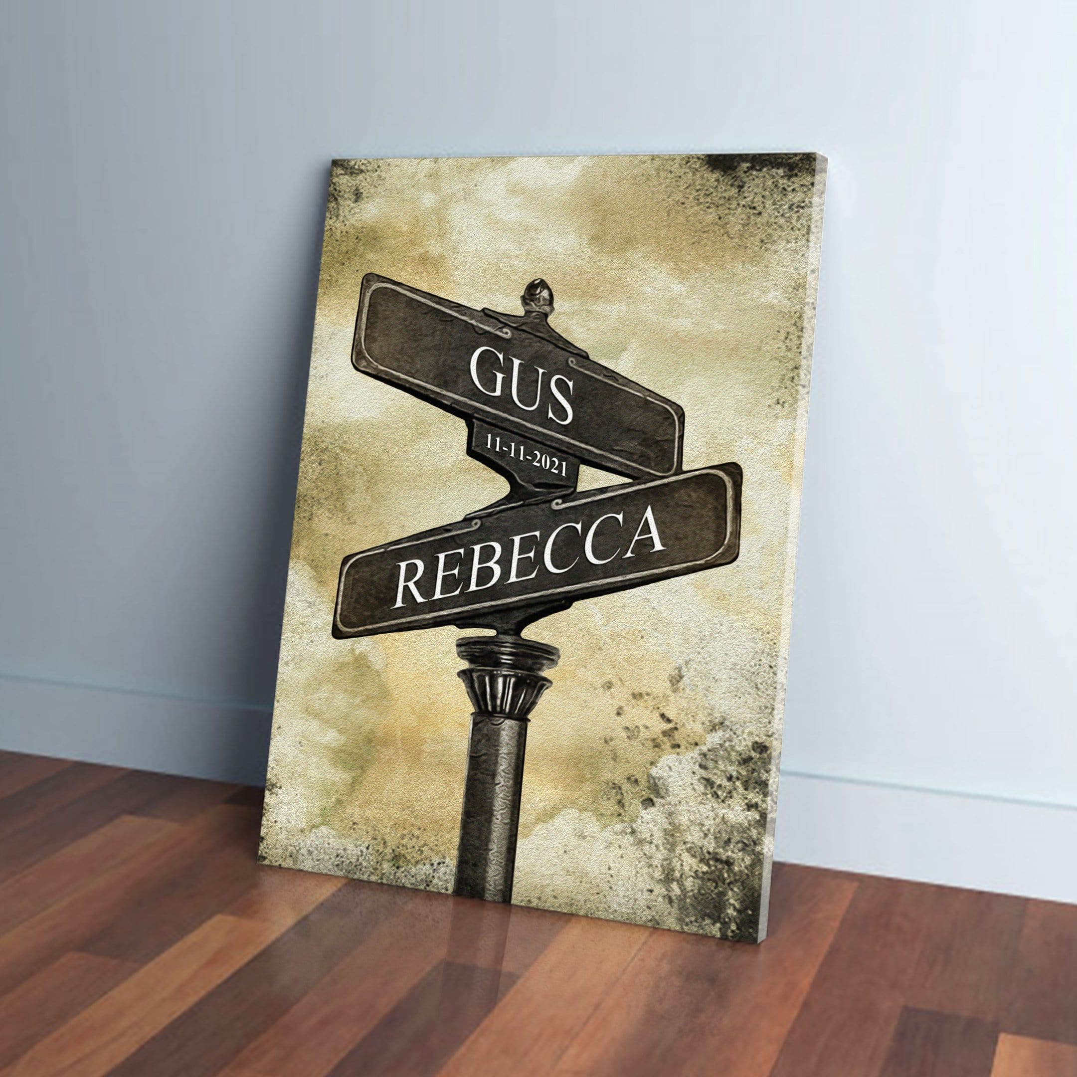 Personalized canvas with vintage street signs for "Gus" and "Rebecca" and date "11-11-2021" on a distressed background.