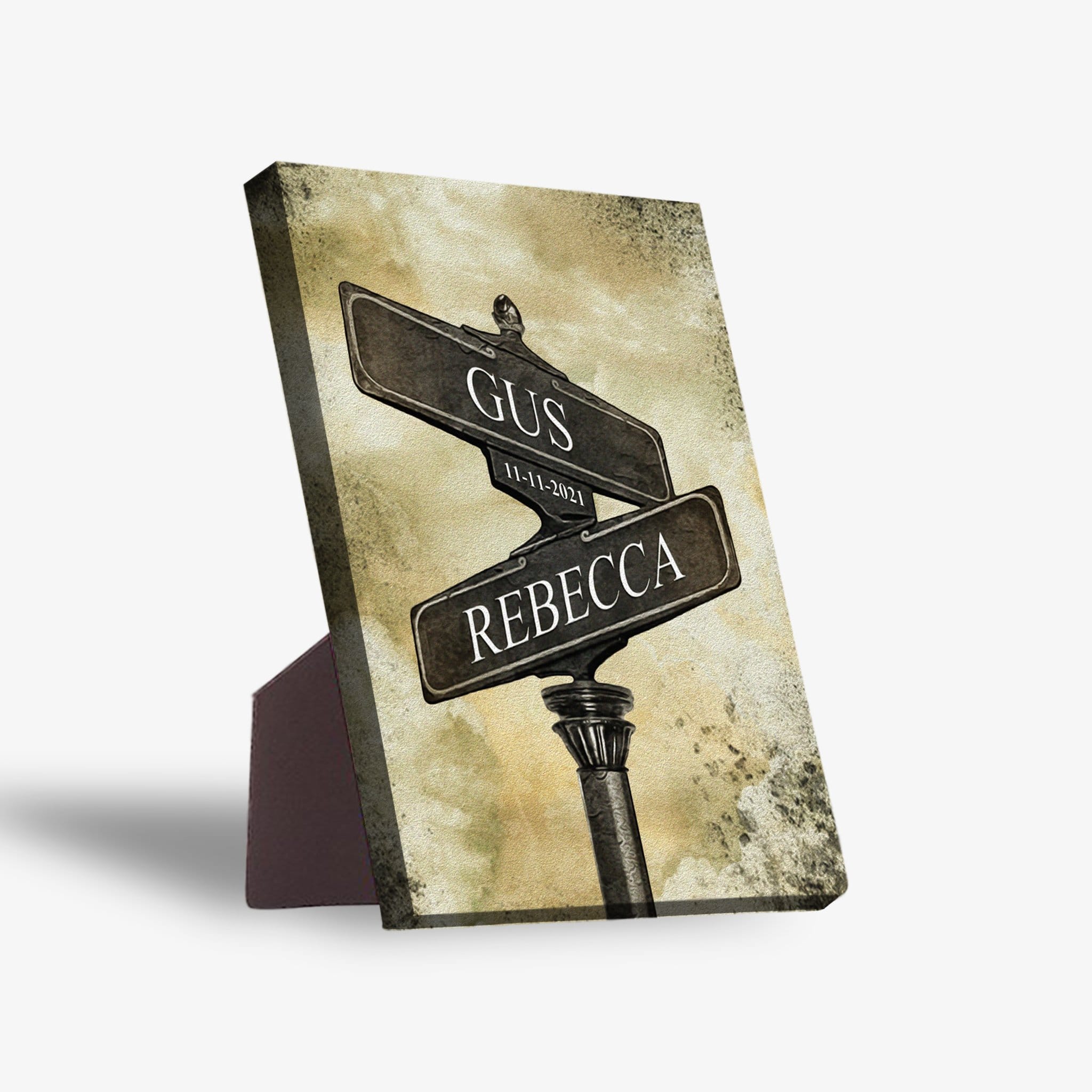 Personalized pet standing canvas with street signs for "GUS" and "REBECCA" and date "11-11-2021".