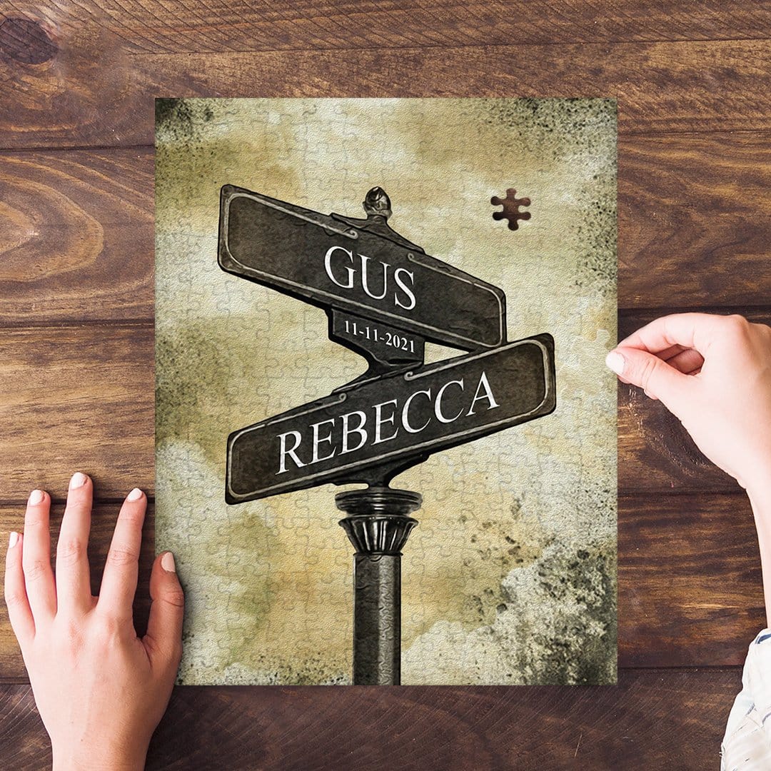 Personalized puzzle with names Gus and Rebecca, and date 11-11-2021 on a street sign design.