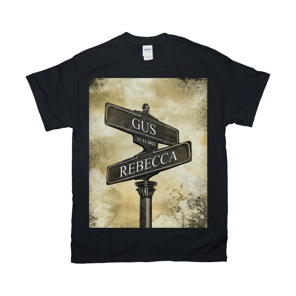 Black Gildan t-shirt with a vintage-style street sign design featuring "GUS" and "REBECCA" with a date.