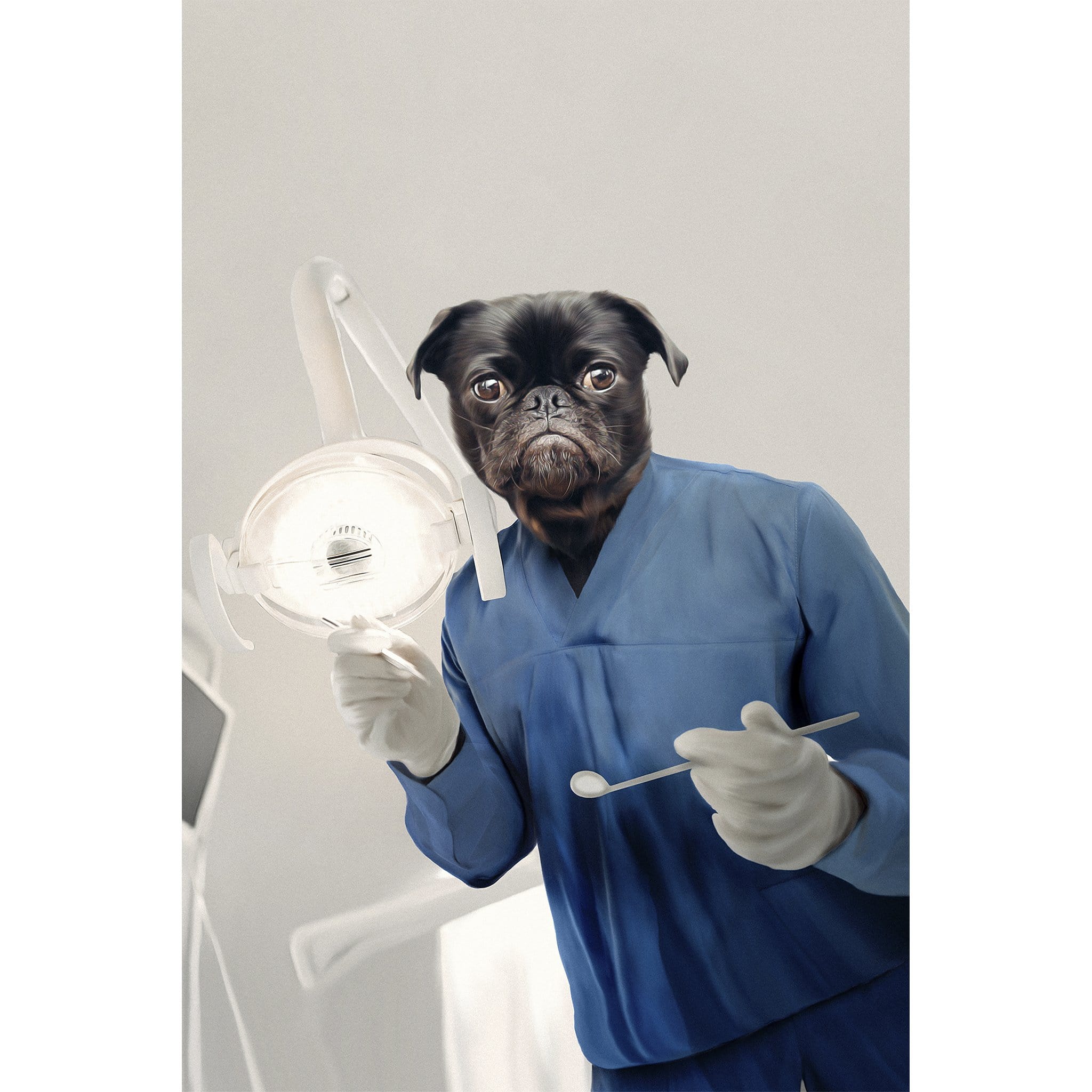 Custom digital portrait of a pug dog dressed as a dentist in blue scrubs, holding dental tools.