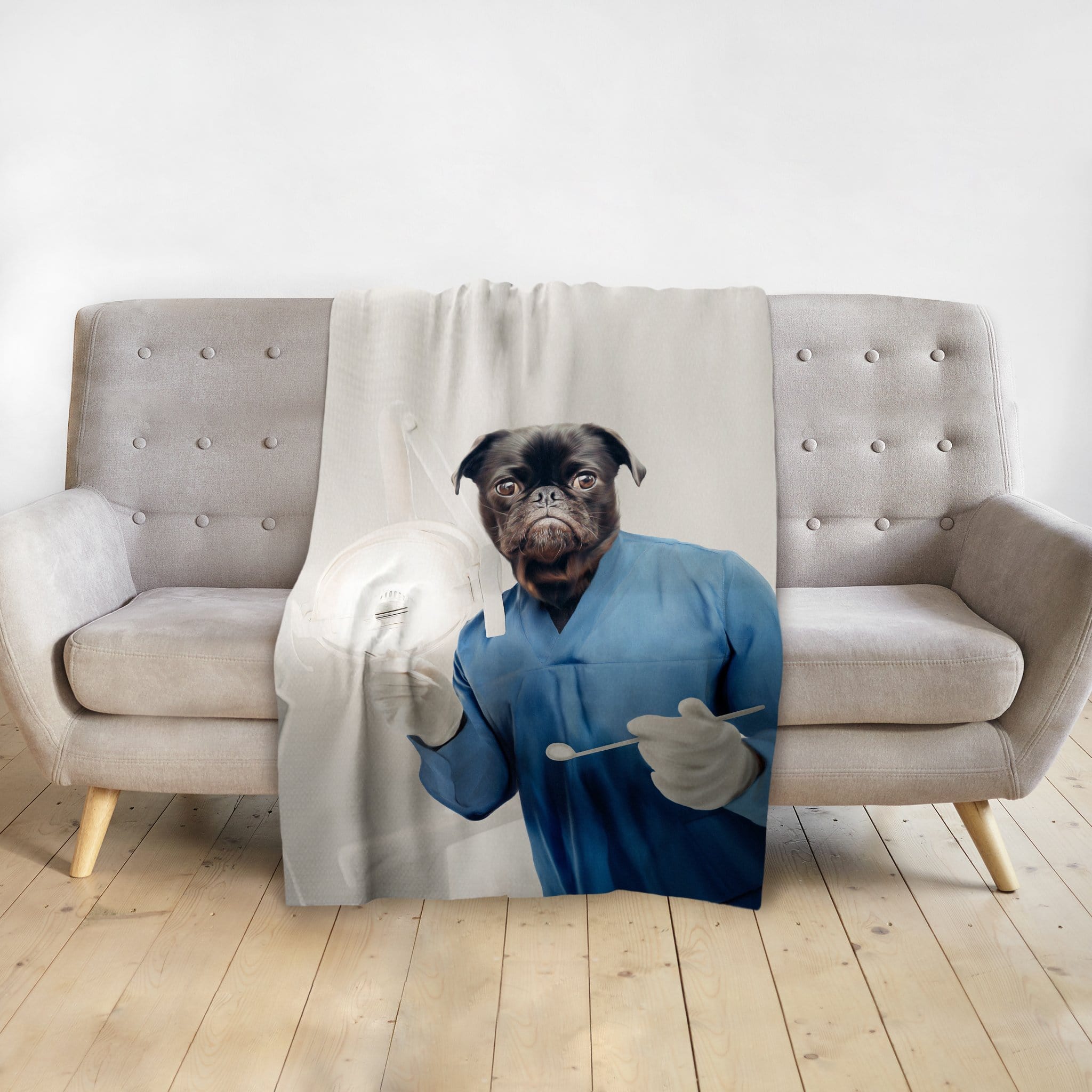 Personalized pet blanket featuring a pug dog portrait dressed as a dentist in blue scrubs.