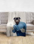 Personalized pet blanket featuring a pug dog portrait dressed as a dentist in blue scrubs.