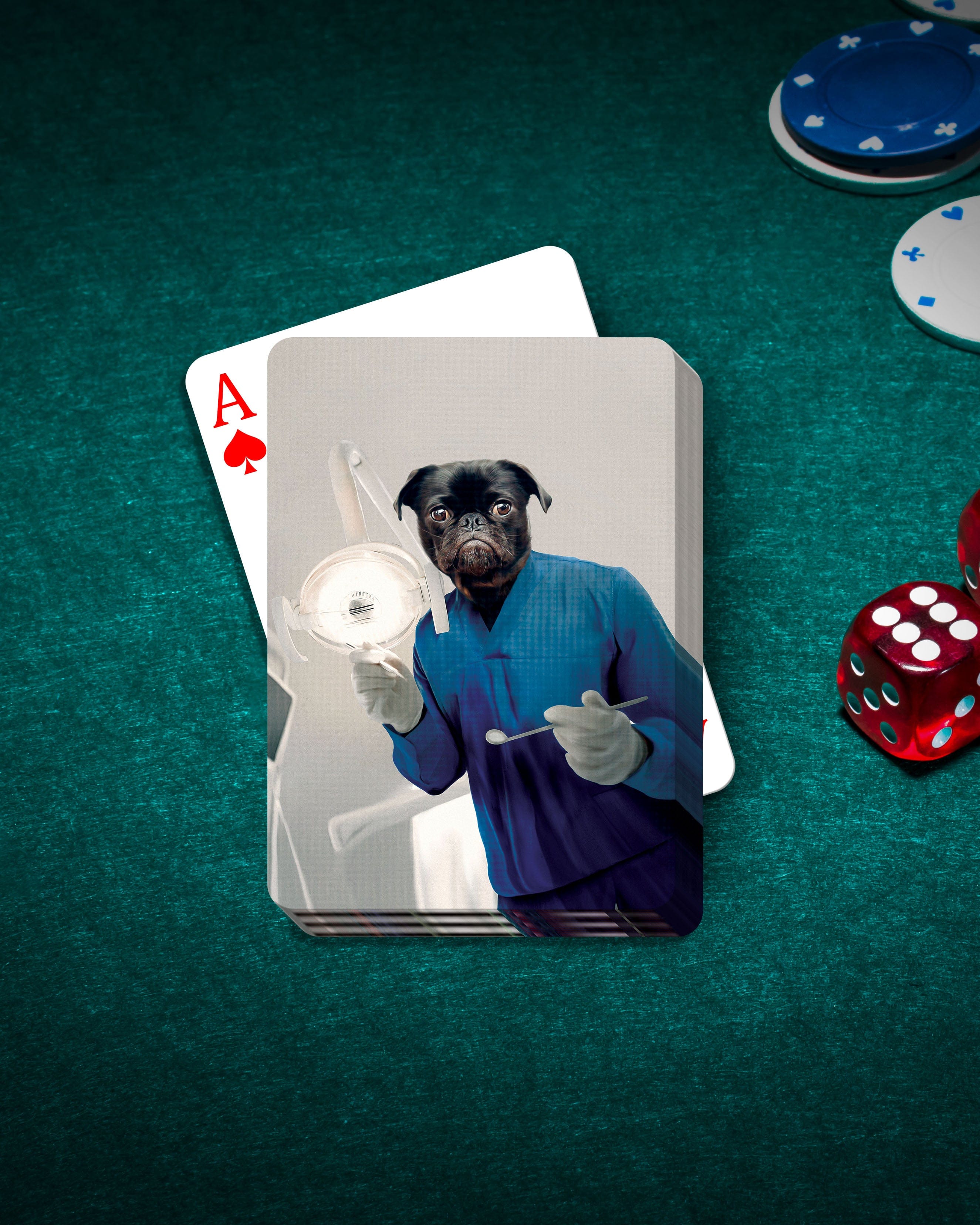 Custom personalized playing cards featuring a pug dog in a dentist uniform on a green poker table.