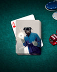Custom personalized playing cards featuring a pug dog in a dentist uniform on a green poker table.