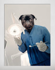Custom 'The Dentist' pet portrait poster featuring a black pug in blue scrubs holding dental tools under a bright light.