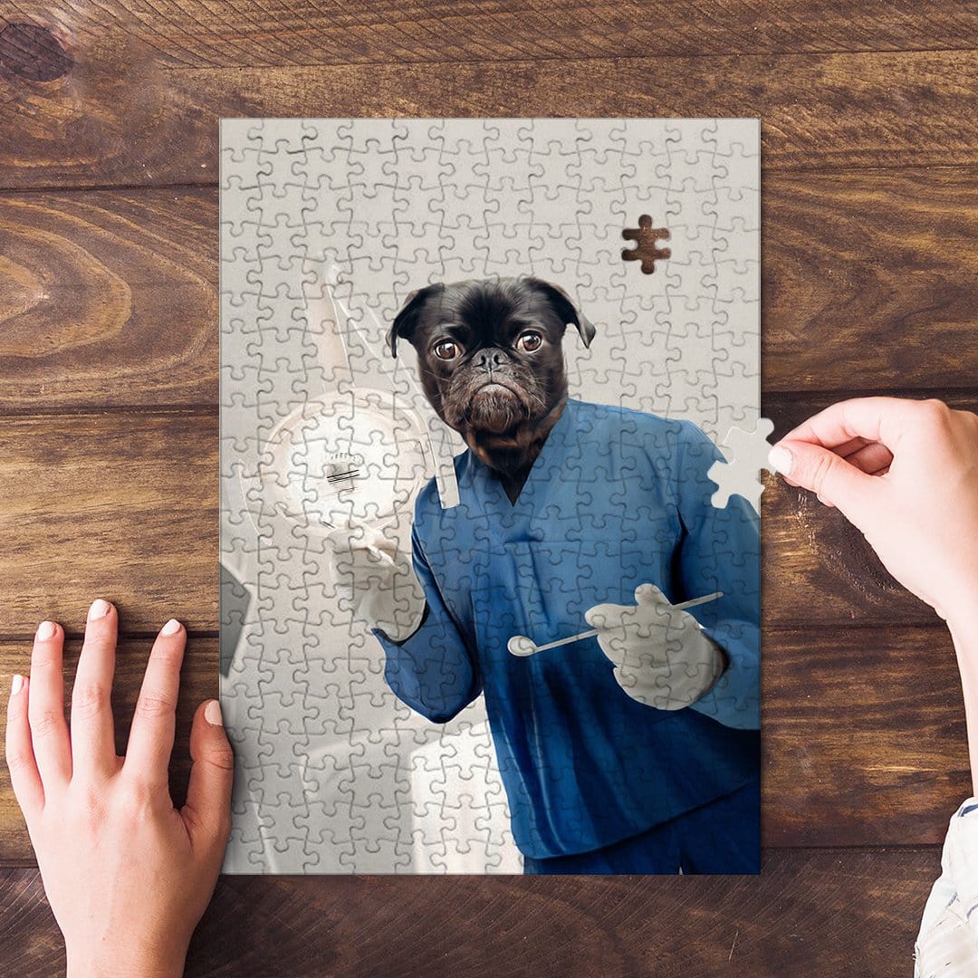 Personalized pet puzzle featuring a black pug in blue dentist scrubs, holding dental tools.