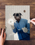Personalized pet puzzle featuring a black pug in blue dentist scrubs, holding dental tools.