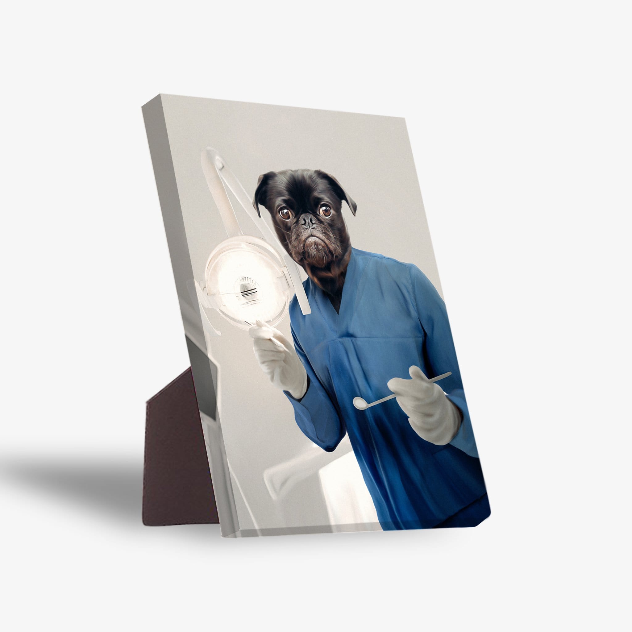 Personalized pet standing canvas featuring a pug dressed as a dentist in blue scrubs, holding a light and tool.