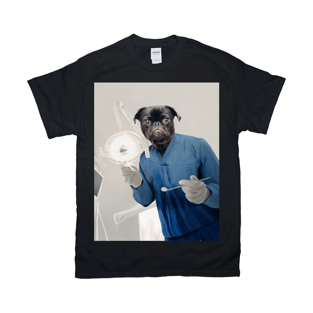 Black Gildan t-shirt featuring a pug in blue scrubs holding dental tools under a light.