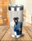 Personalized stainless steel tumbler with a custom portrait of a black pug dressed as a dentist.