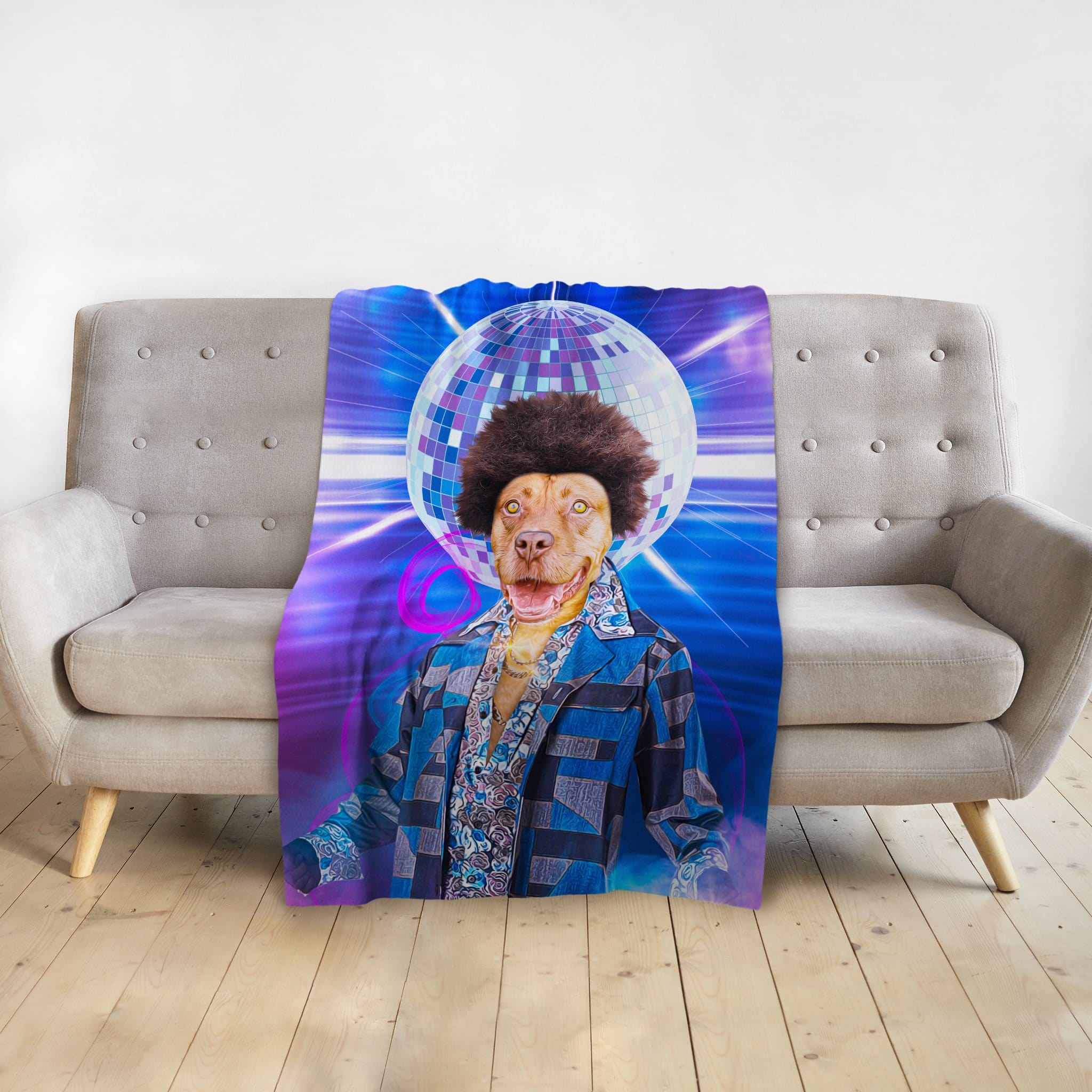 Personalized minky blanket with a custom disco dog portrait, featuring a brown dog in a blue suit.
