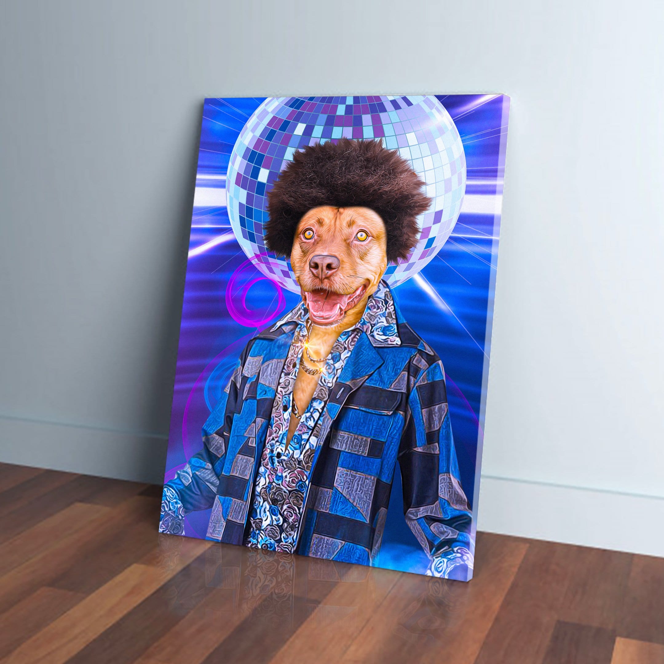 Personalized 'Disco Doggo' pet canvas featuring a dog with an afro, gold chain, and blue disco attire.