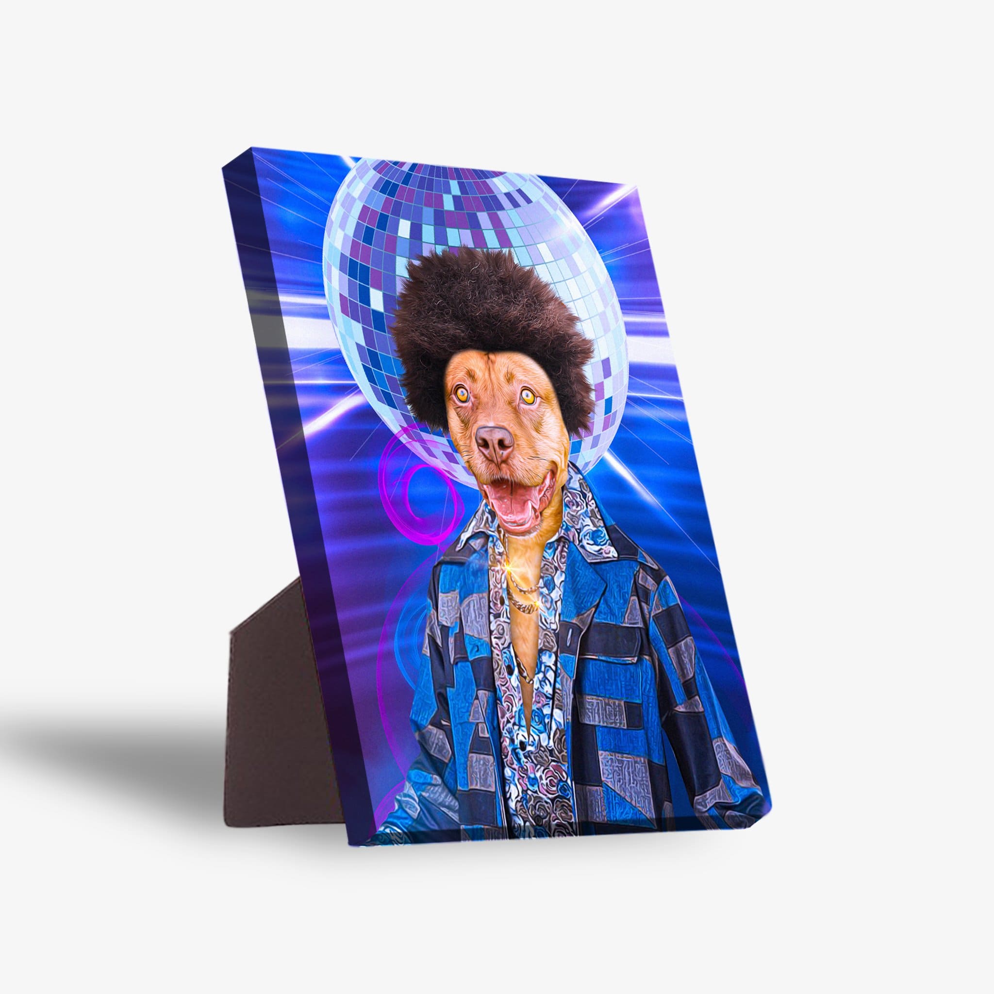 Personalized "Disco Doggo" pet standing canvas featuring a dog with an afro, blue disco shirt, and a disco ball.