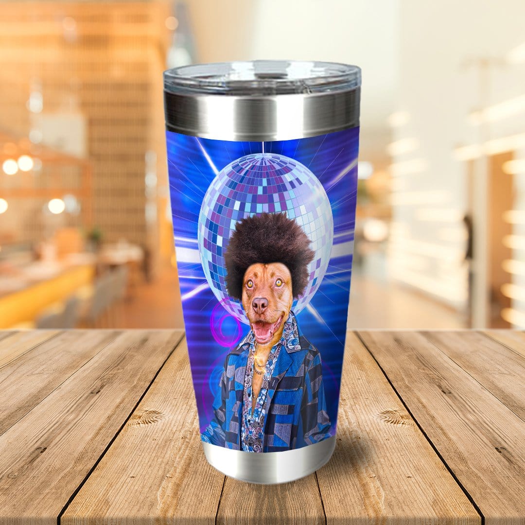 Personalized stainless steel tumbler with a custom dog portrait in a disco-themed, afro-wearing outfit.
