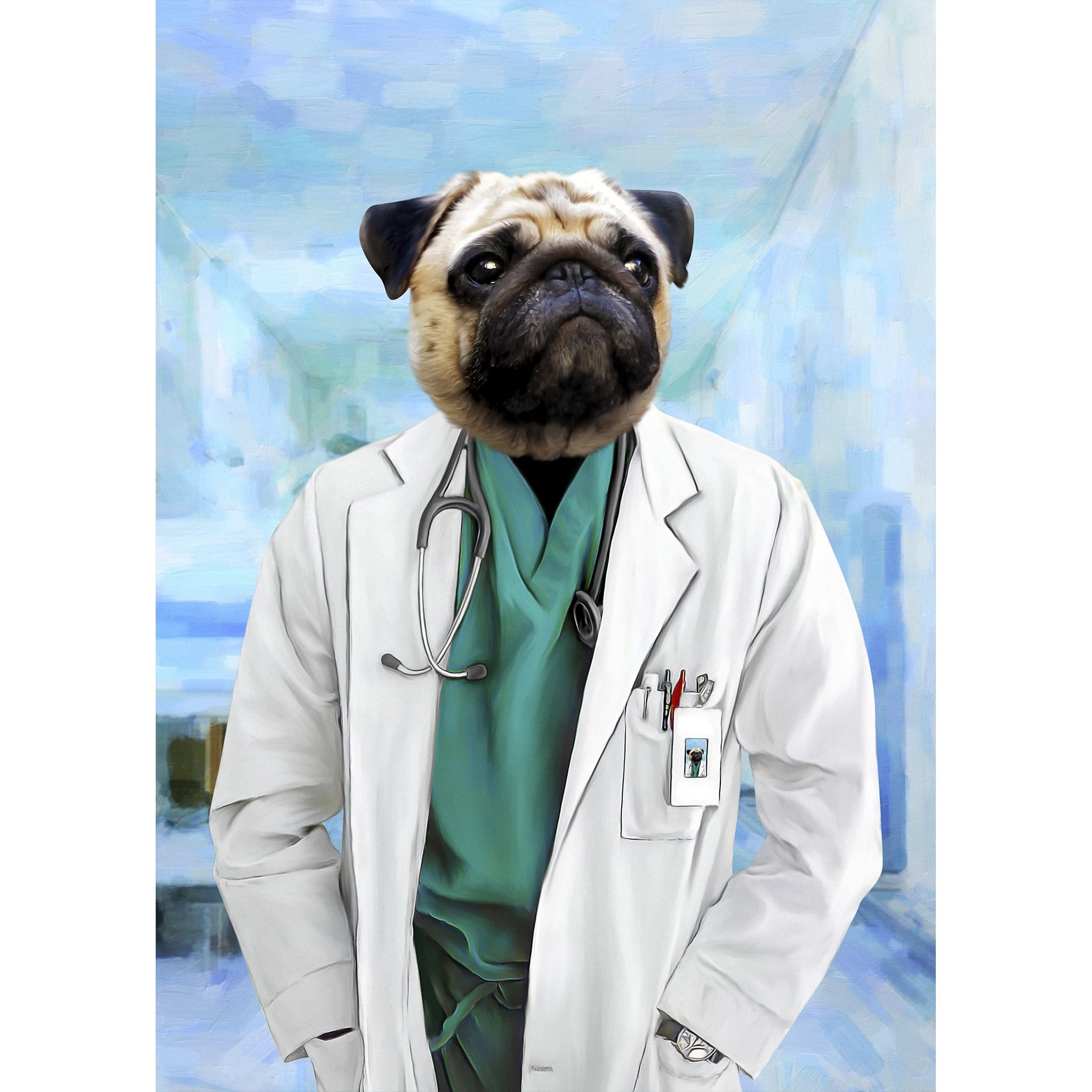 Custom digital portrait of a pug dog dressed as a doctor in a white lab coat and stethoscope.
