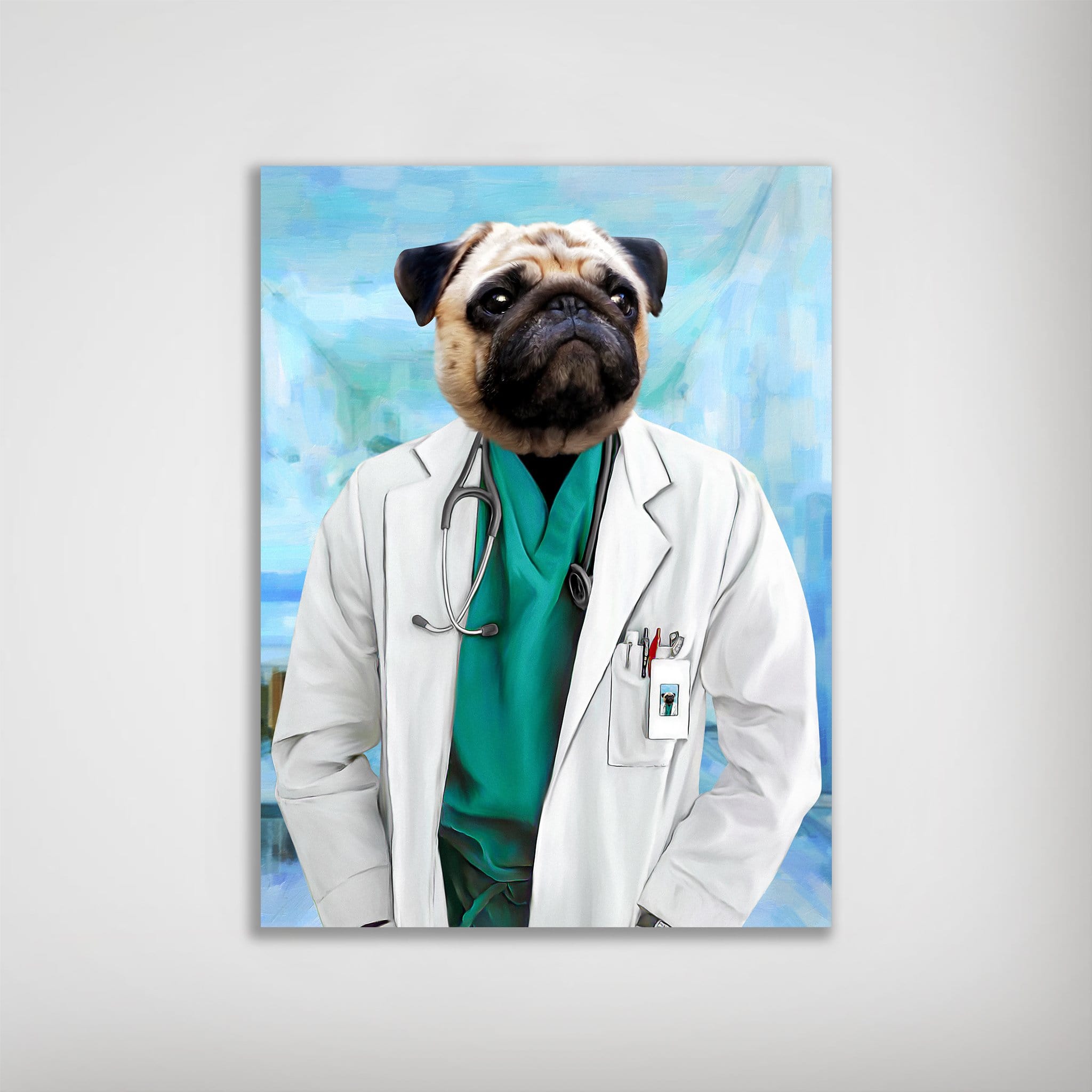 Personalized pug dog in a doctor's white coat and green scrubs, with a stethoscope, on a blue background.